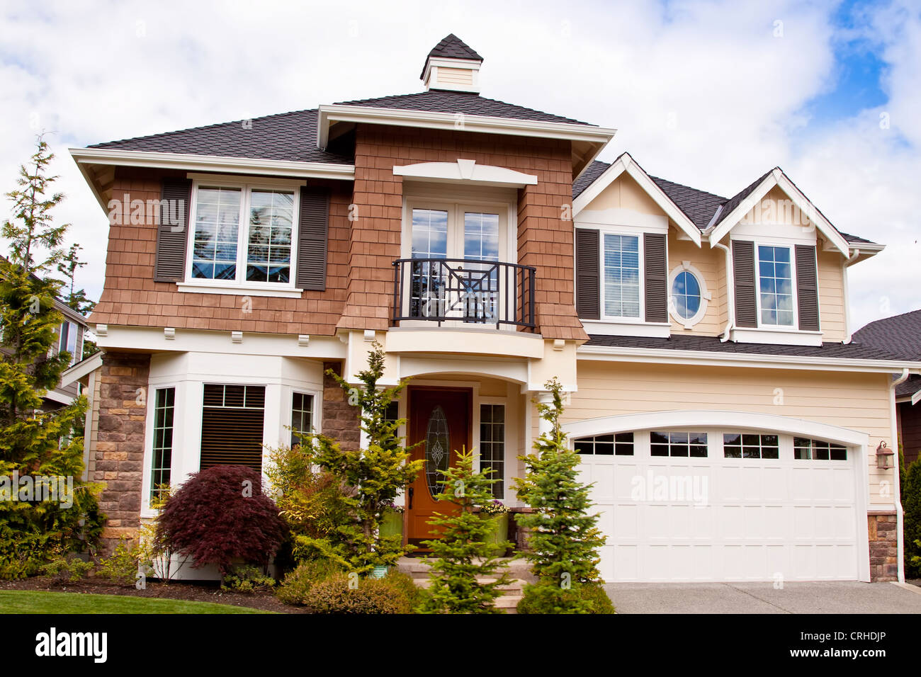 new beautiful American luxury house at sunny day with green grass Stock ...