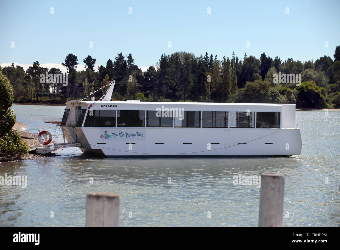Flat bottomed Fairy ferry moored at Mapua, South Island, New Zealand