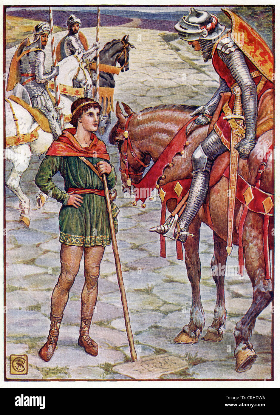 Percival, a knight of King Arthur's Round Table, questions Sir Owen. Stock Photo