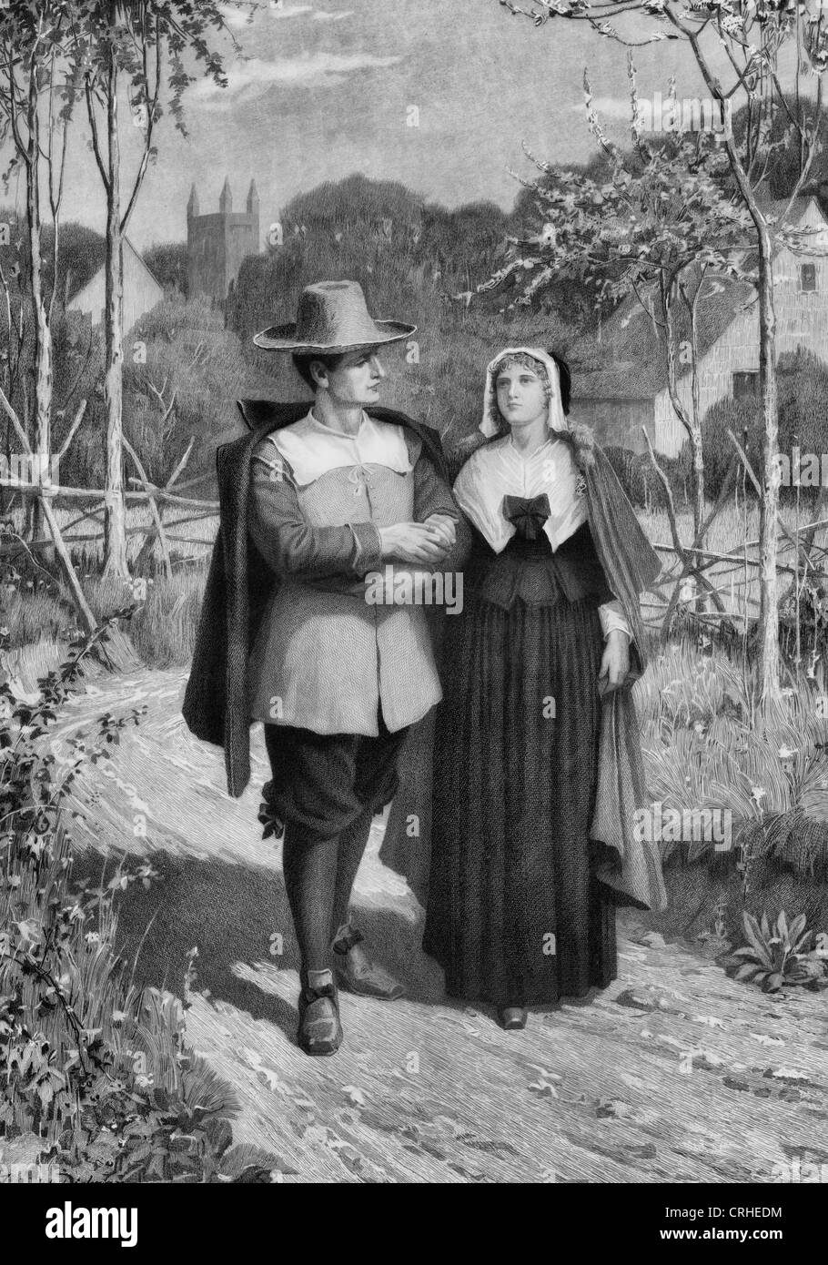 Betrothed - Puritan Couple walk hand in hand Stock Photo