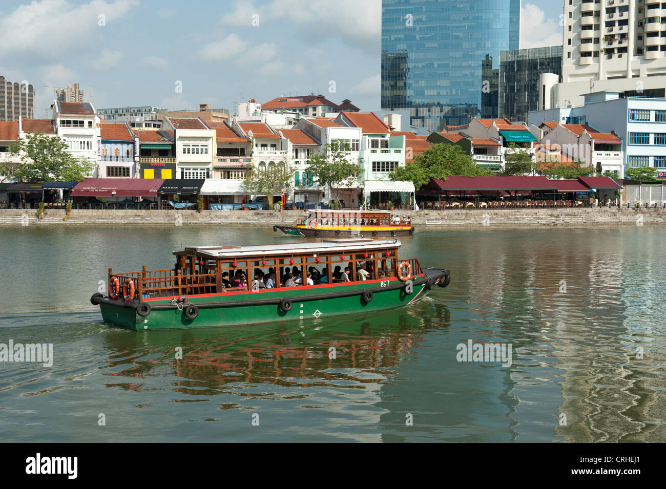 Excursion And Ferry Boat On Singapore River In Front Of Boat Quay At 