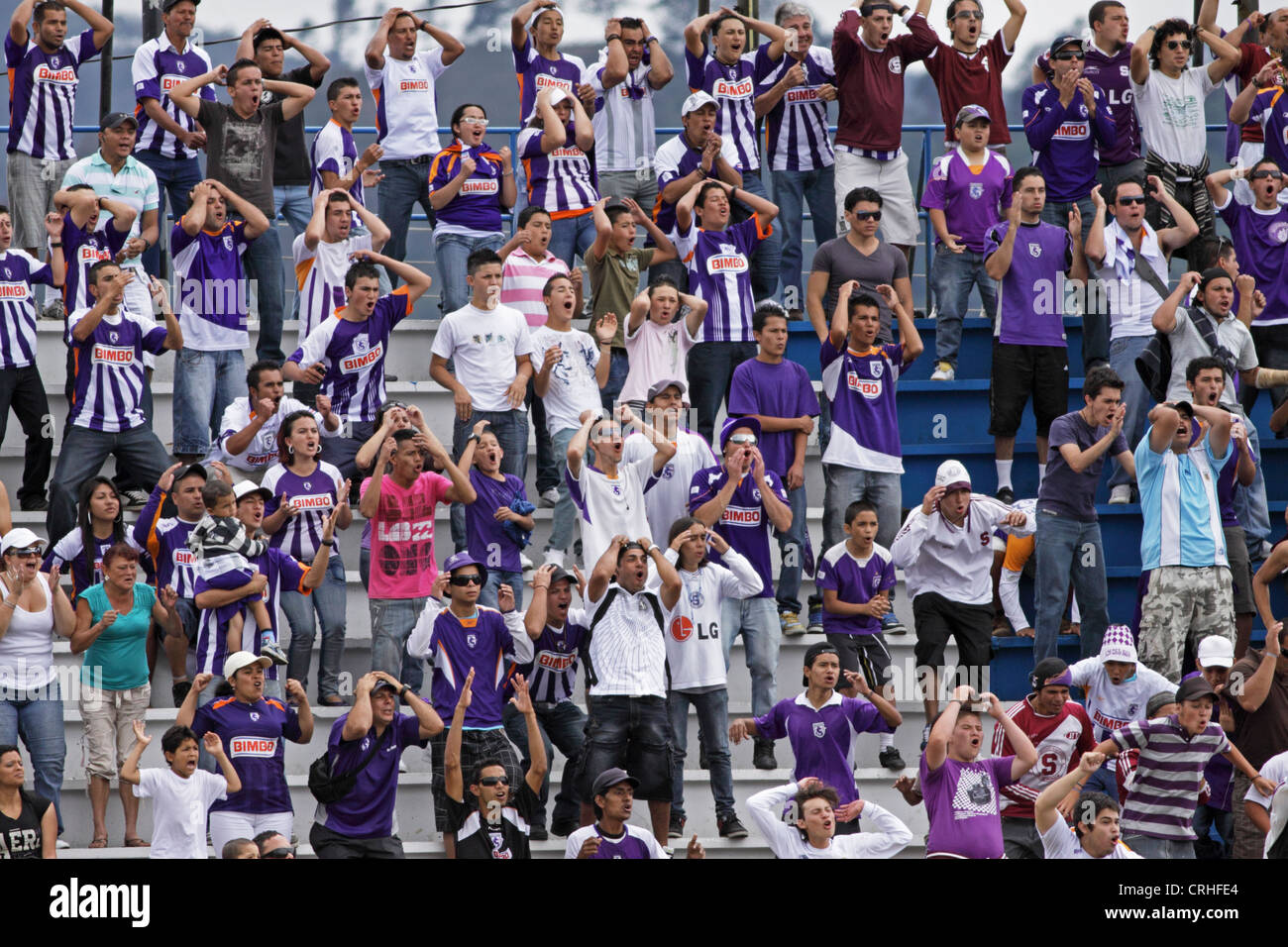 Football / soccer fans of club Saprissa in the stadium of Cartago, Costa Rica. Stock Photo