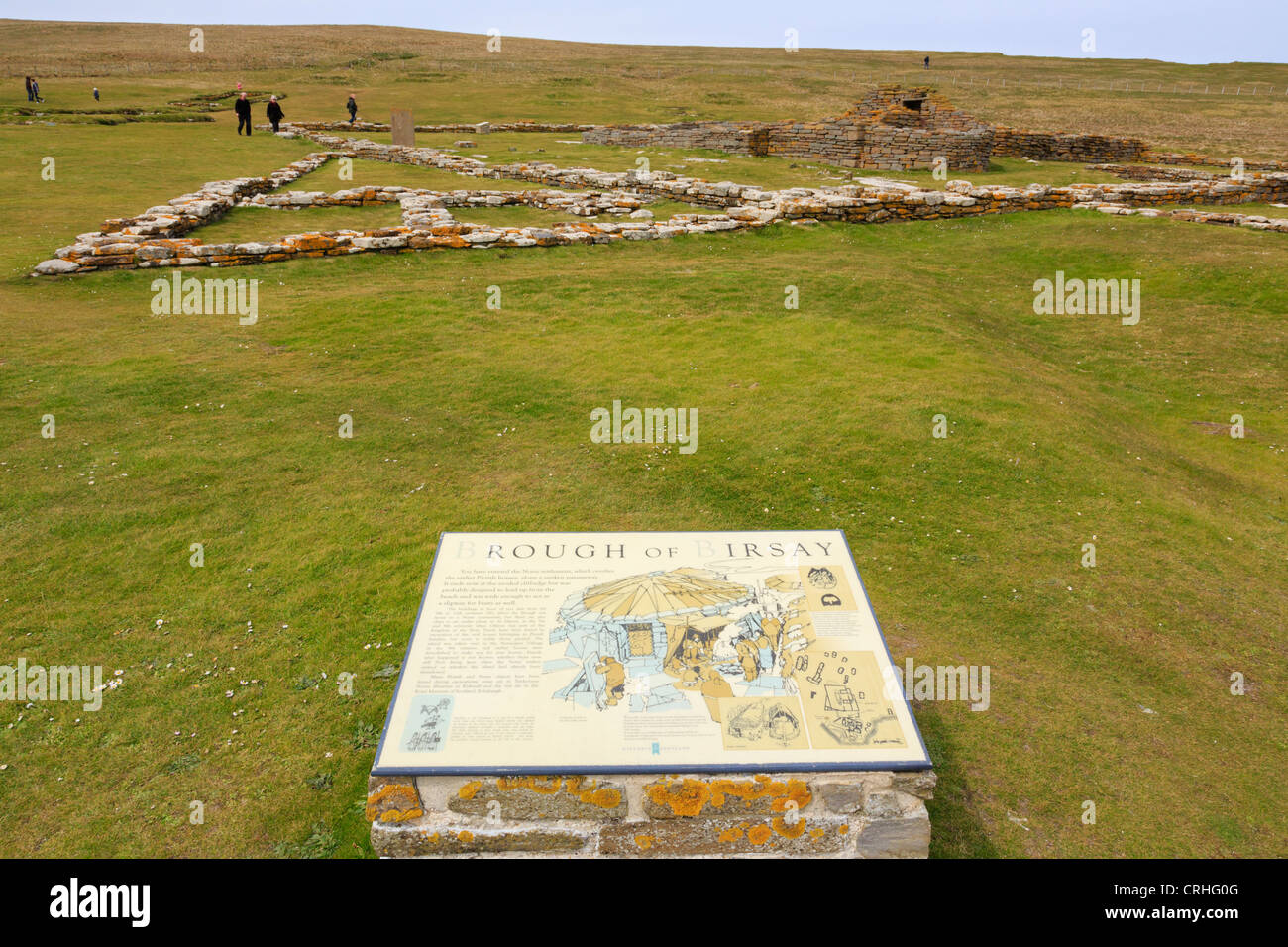 Tourist information sign about Pictish and Norse settlement excavated on the Brough of Birsay, Orkney Islands, Scotland, UK Stock Photo
