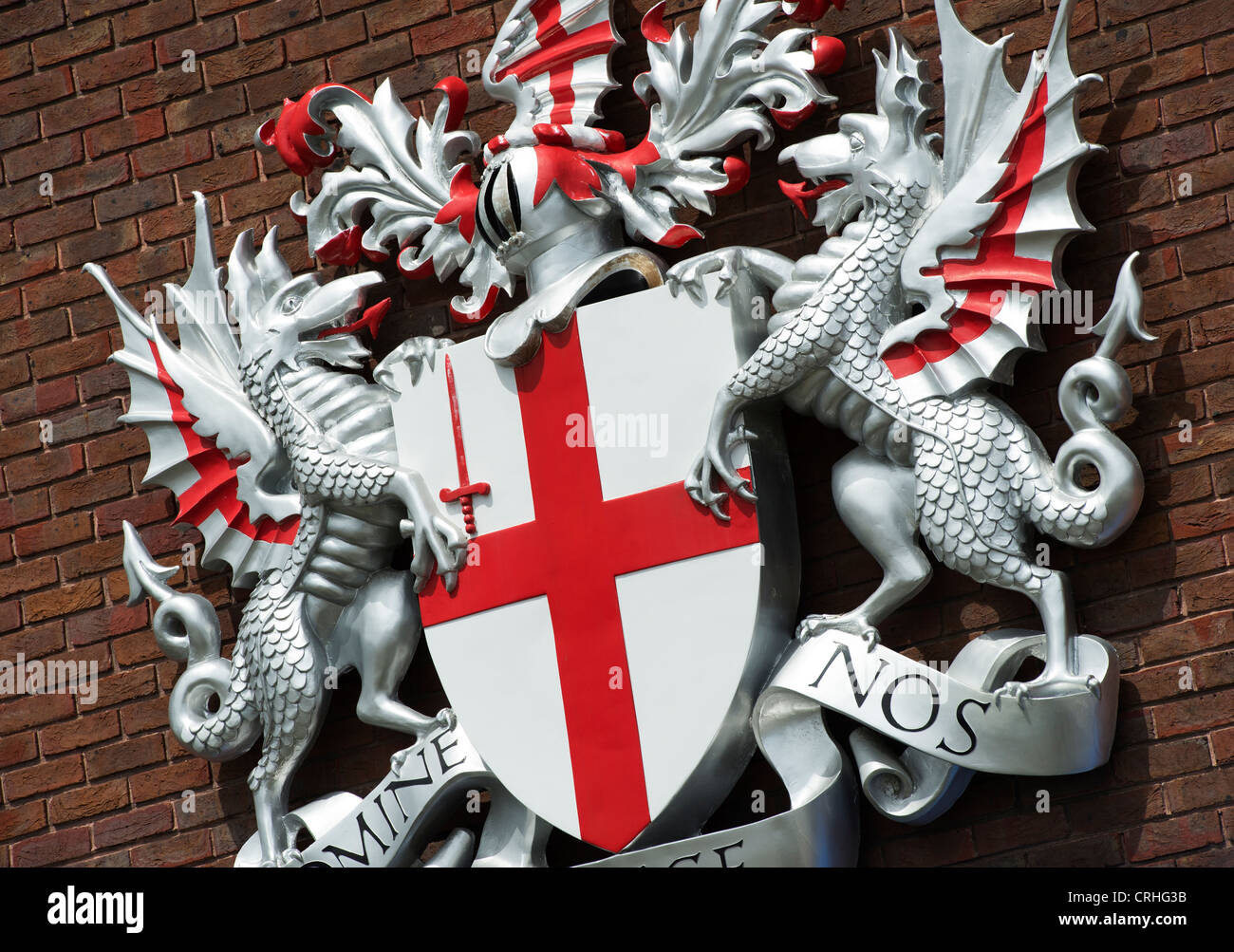 City of London Coat of arms Dragons and St Georges Cross shield Stock Photo