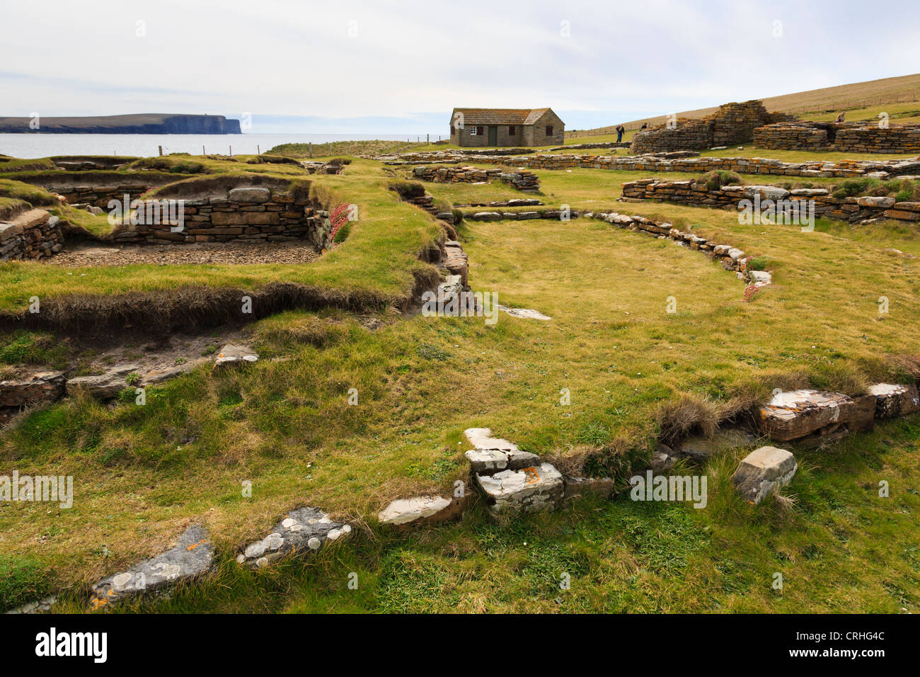 Remains of Norse long houses in a 10th century settlement excavated on the Brough of Birsay Orkney Islands Scotland UK Britain Stock Photo