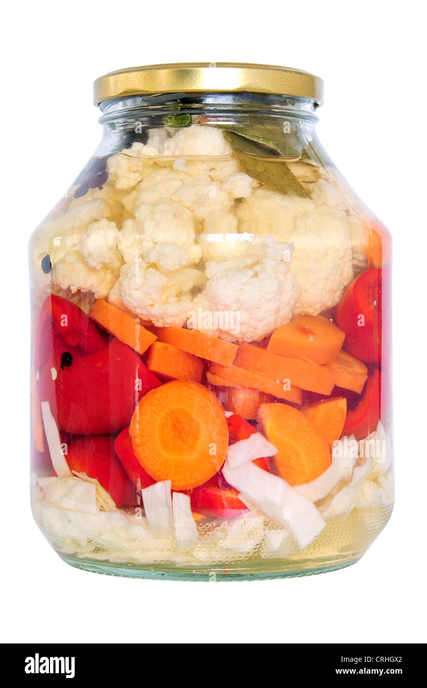 Food preservation. Jar of pickled vegetables Stock Photo