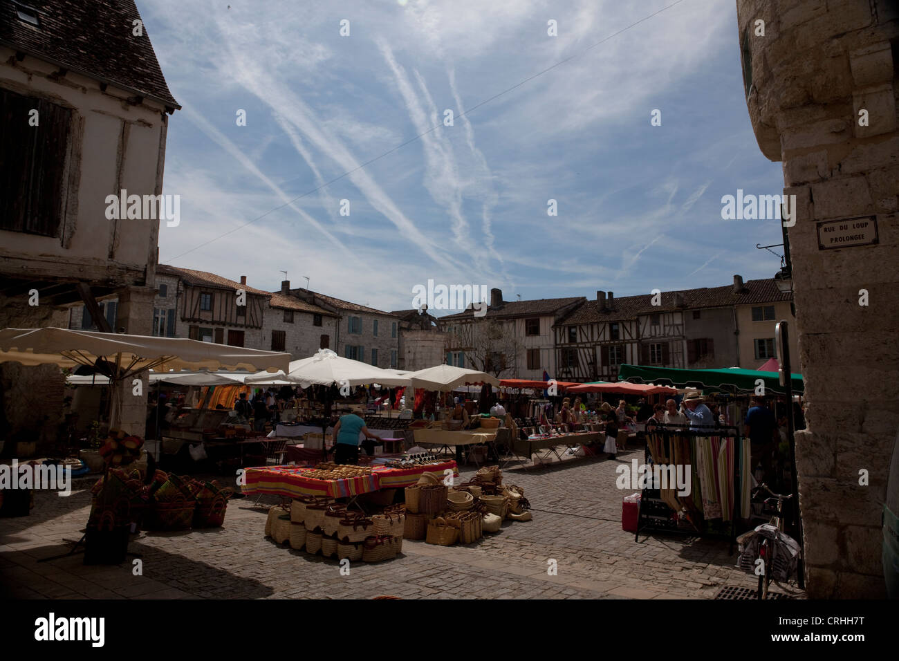 A street market in the medieval village of Eymet Southwest France Stock Photo