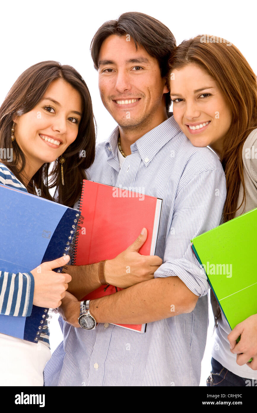 male student with two pretty cute coeds and colourful notebooks Stock Photo