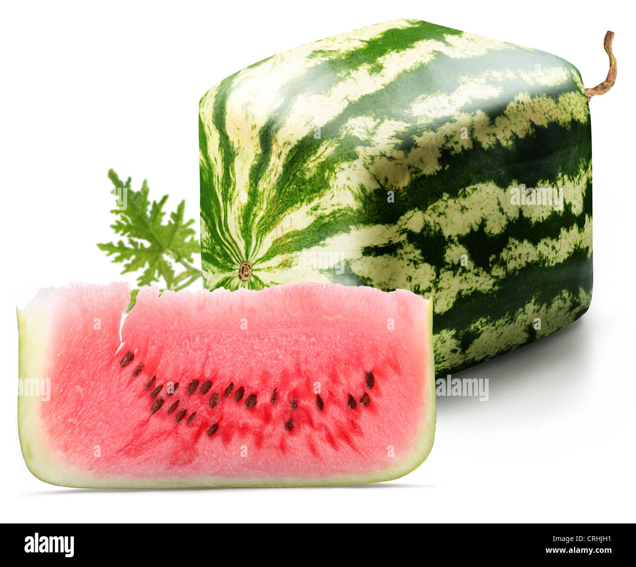 Cubic watermelon with slice on a white background. Stock Photo