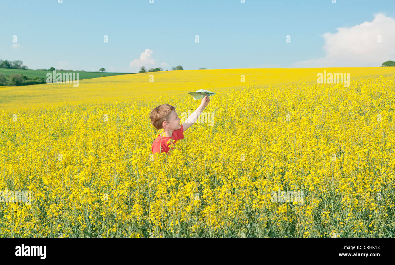 Boy playing with paper airplane in field Stock Photo - Alamy