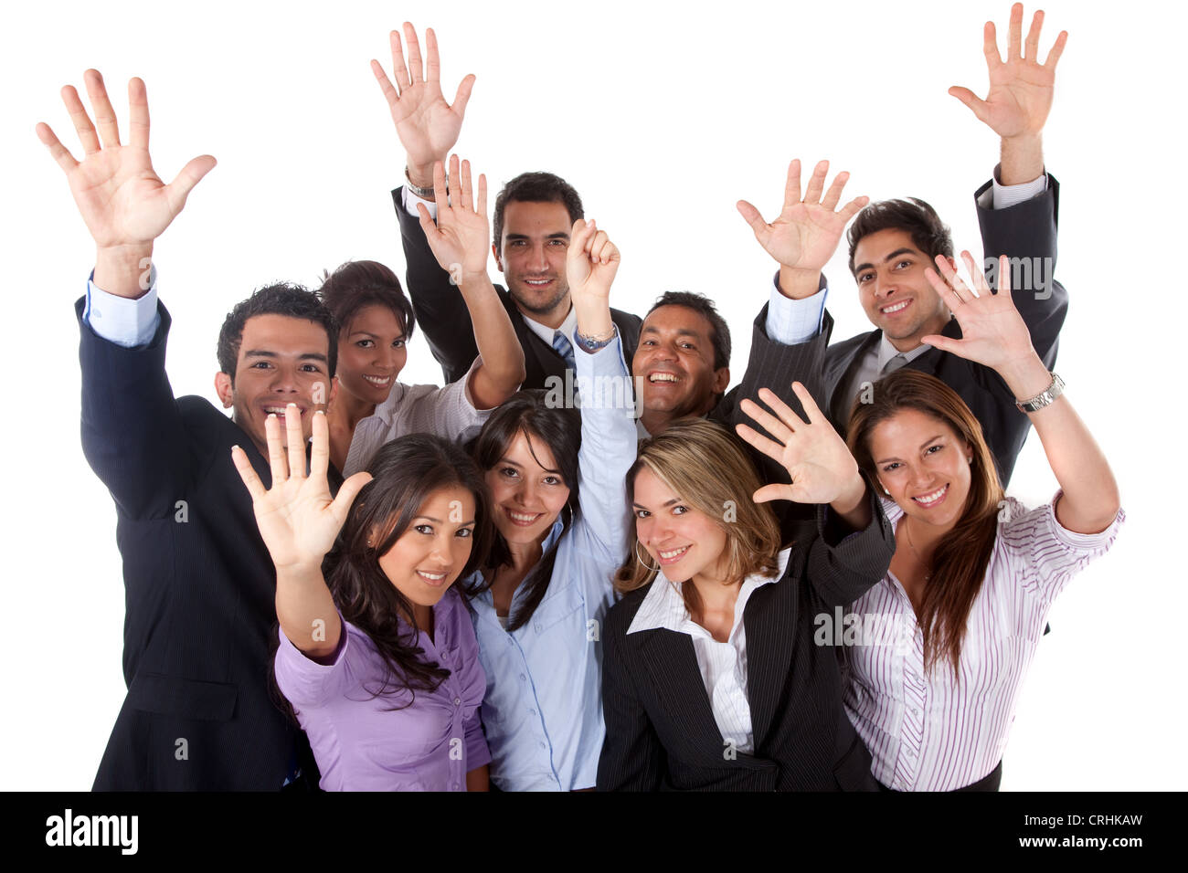 group of happy business people waving Stock Photo