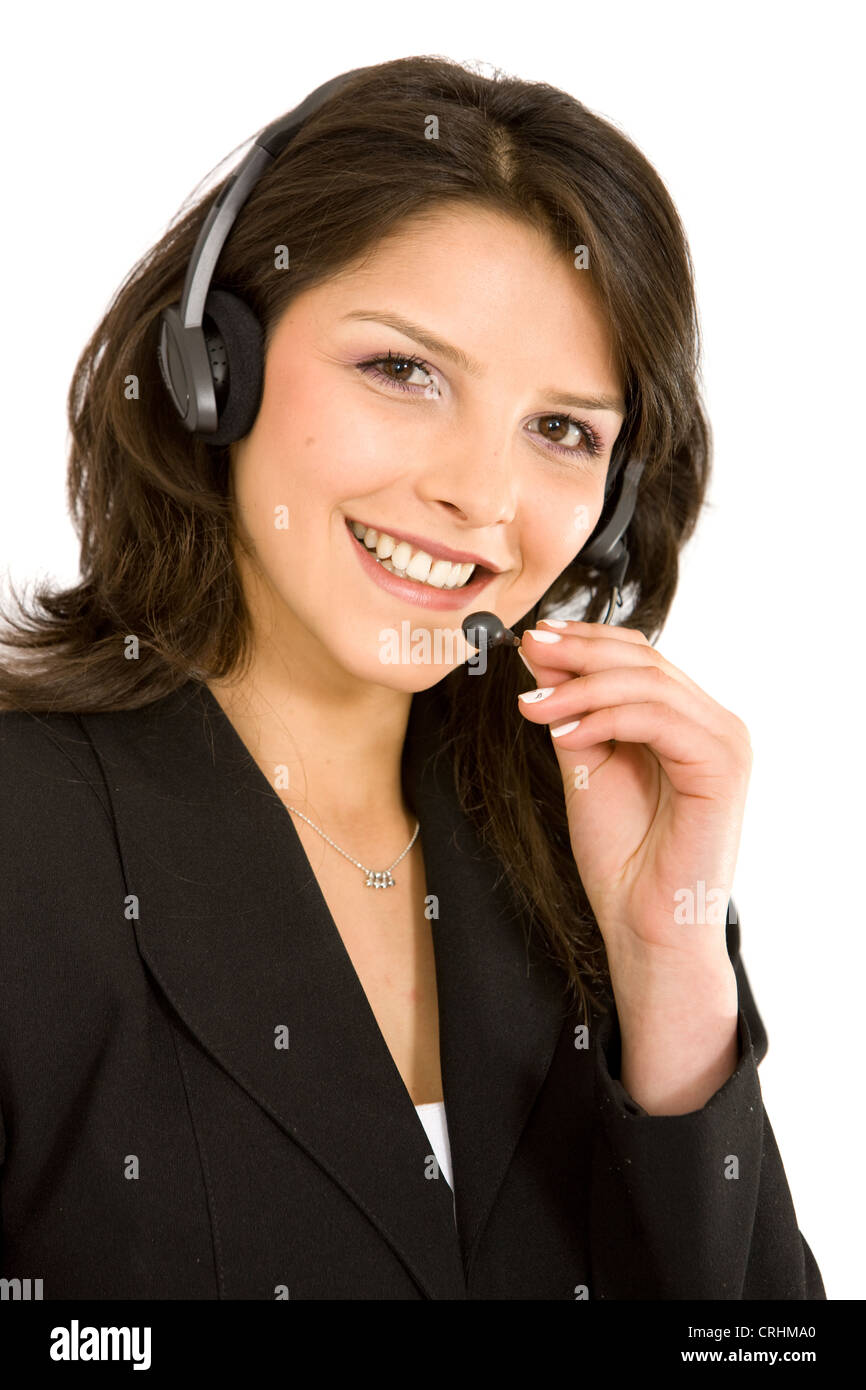 business customer support woman with headset smiling Stock Photo