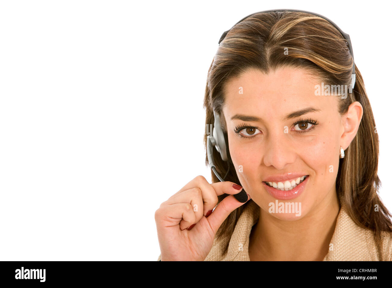 business customer support operator woman with headset smiling Stock Photo