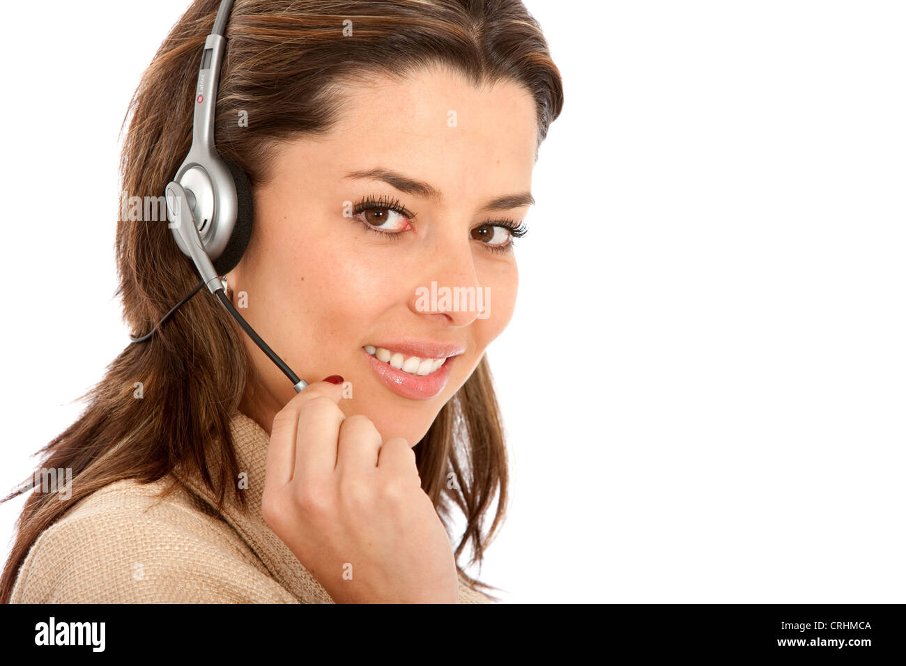 business customer support operator woman with headset smiling Stock