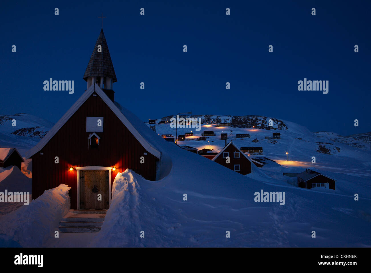 small town in the evening, Greenland, Ostgroenland, Tunu, Kalaallit Nunaat, Scoresbysund, Kangertittivag, Ittoqqortoormiit Stock Photo