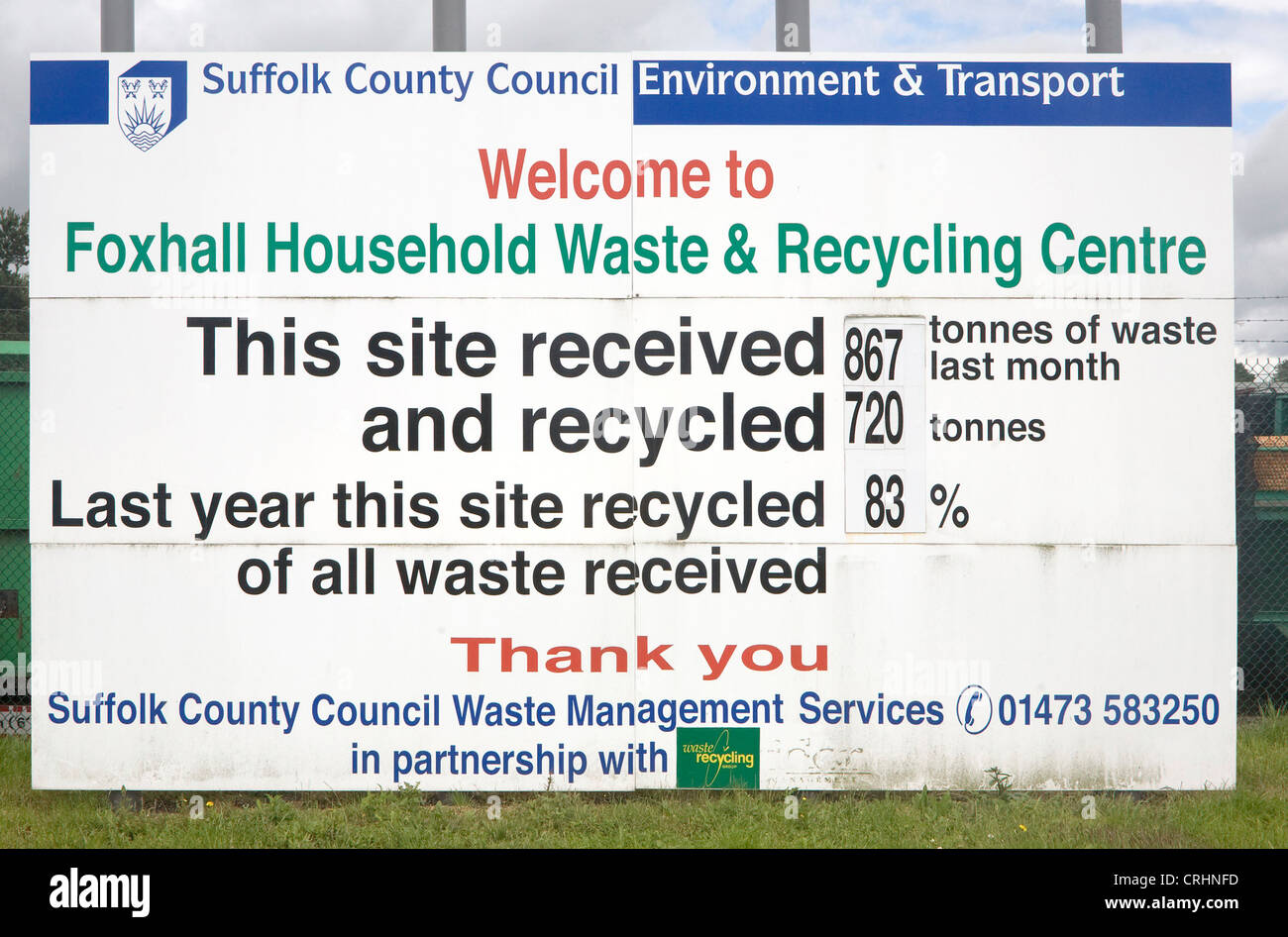information notice Foxhall household waste recycling centre Suffolk England Stock Photo