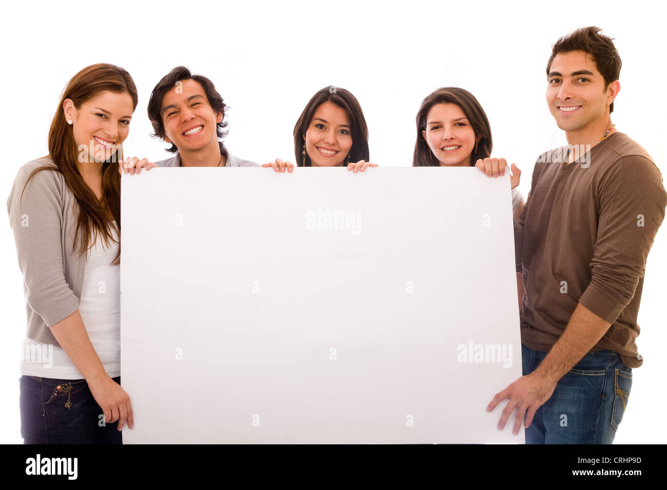 happy group of friends holding blank white sign Stock Photo