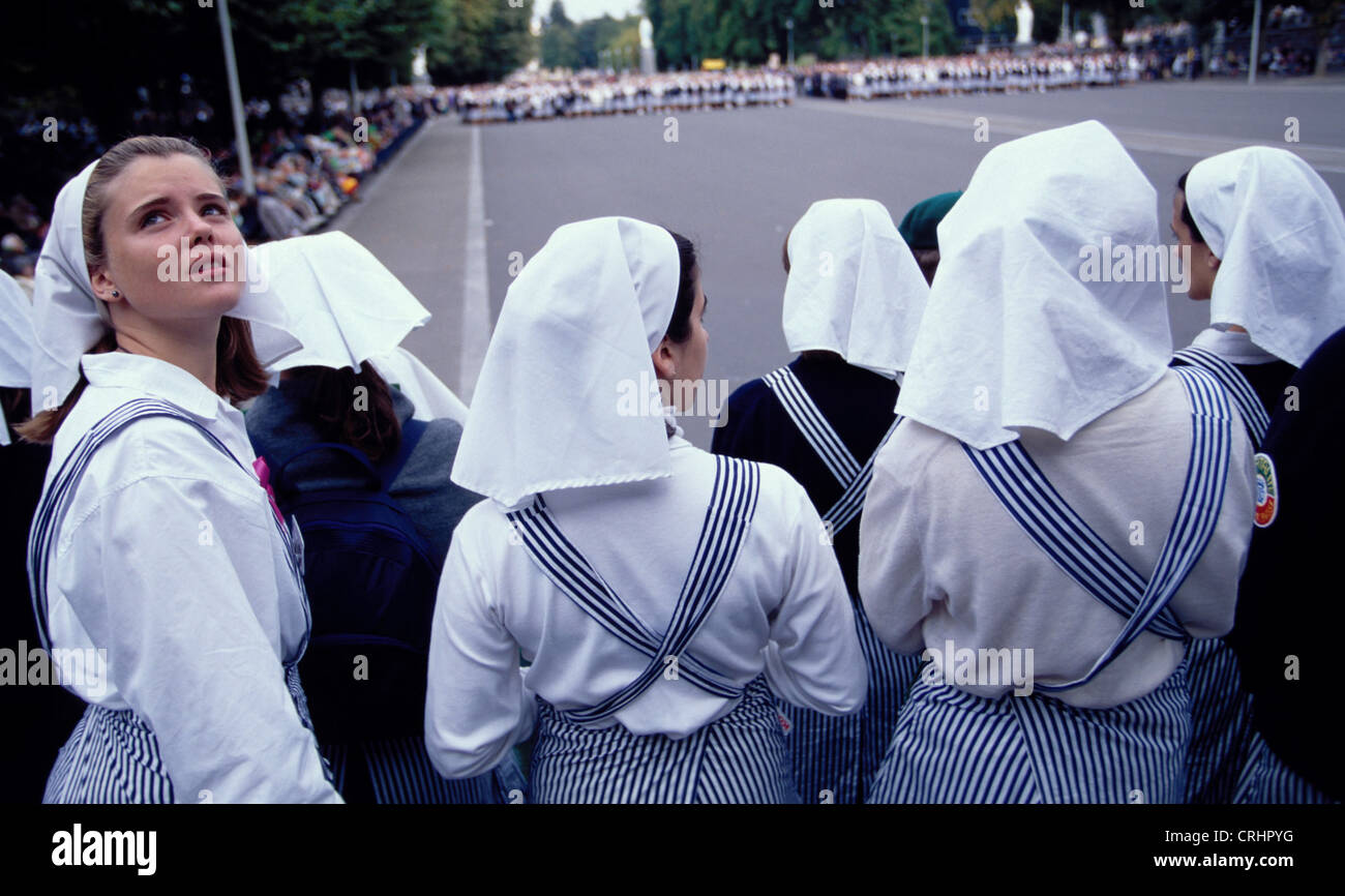 Lourdes, France, voluntary helpers in the pilgrimage Stock Photo