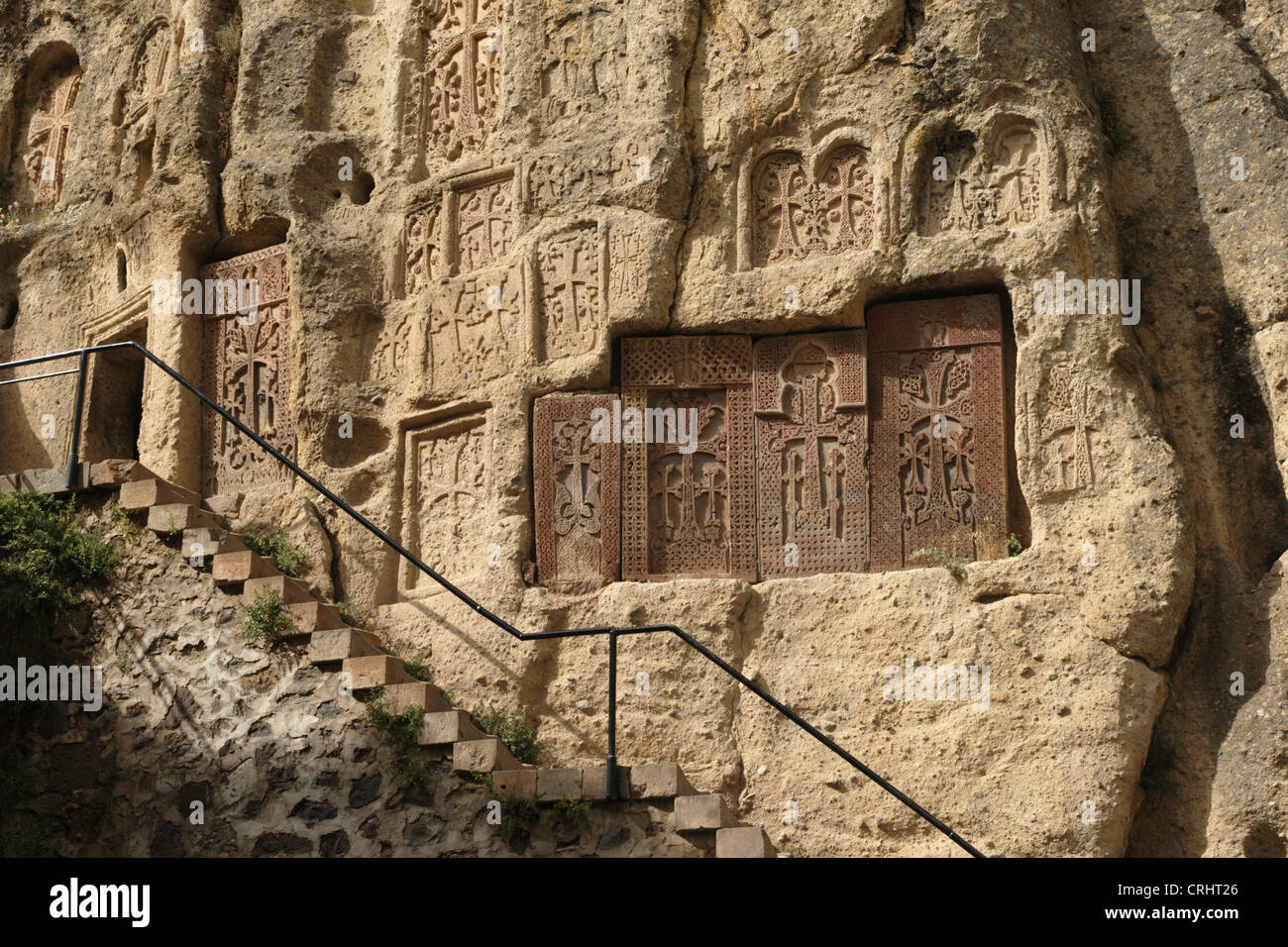Chatschkars in Geghard monastery, Armenia Stock Photo