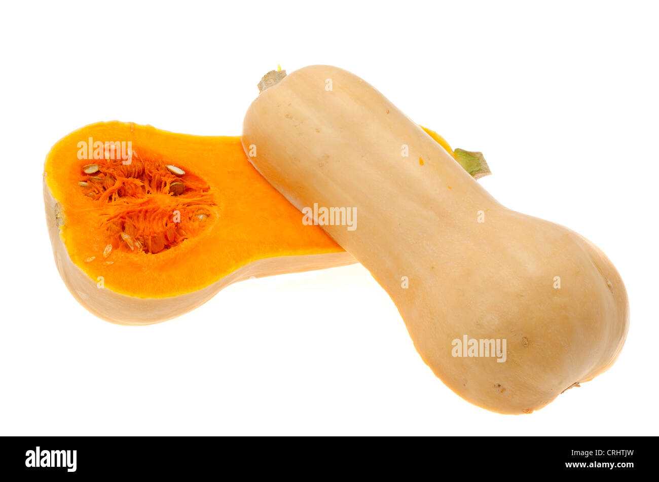 Two halves of a Butternut Squash - studio shot with a white background Stock Photo