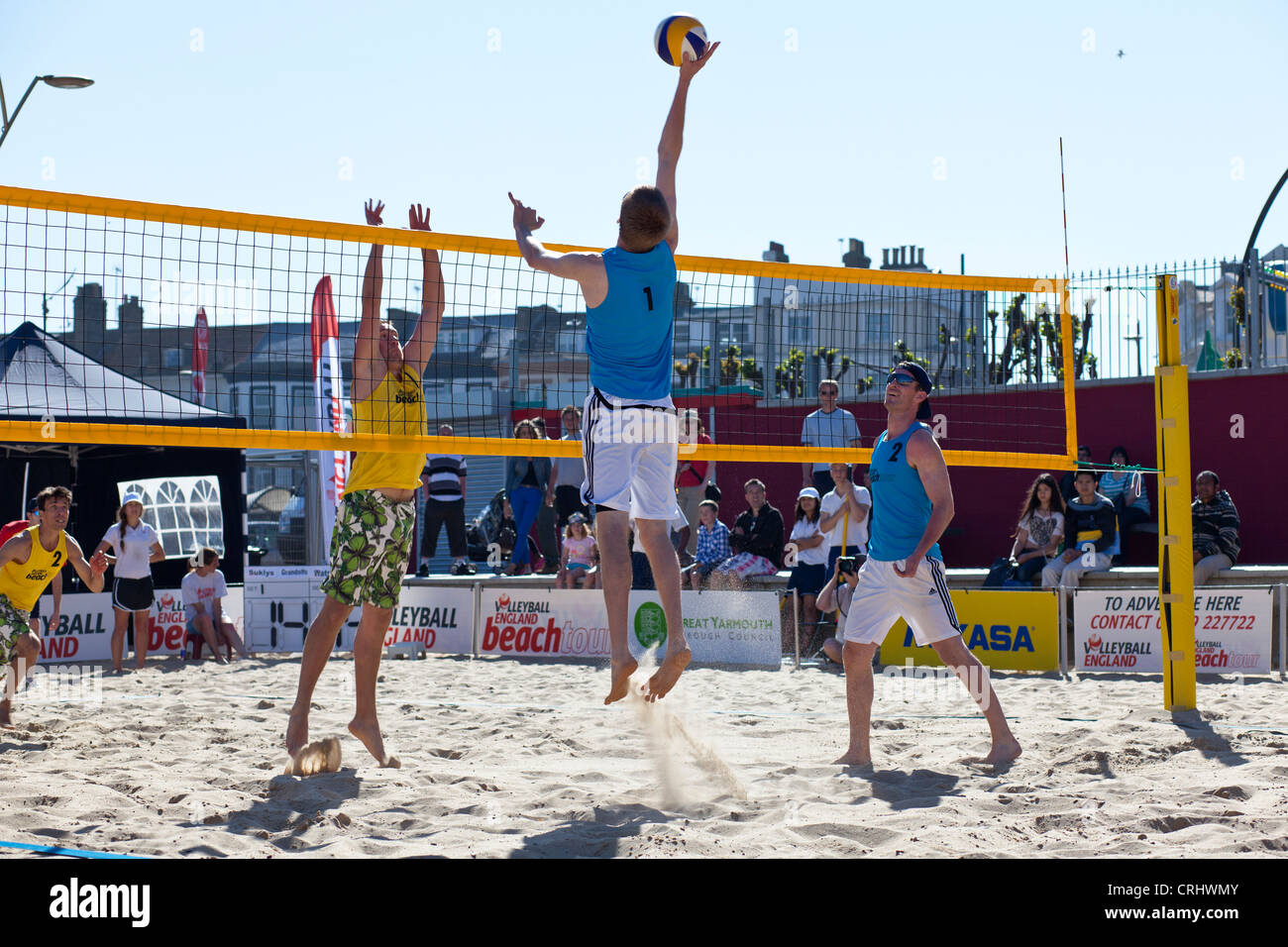 Phil Smith leaps into action during 2012 Volleyball England Beach Tour Stock Photo