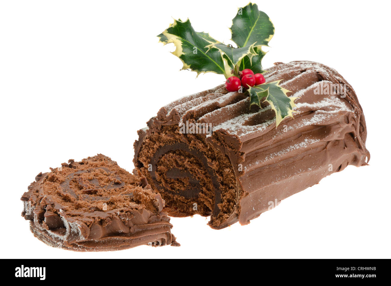Chocolate Yule log - studio shot with a white background Stock Photo