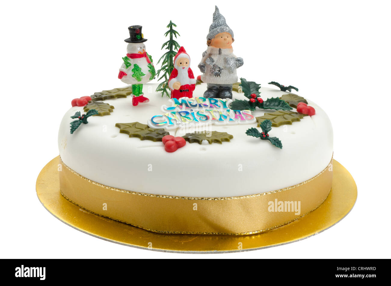 A decorated and iced traditional Christmas cake - studio shot with a white background Stock Photo