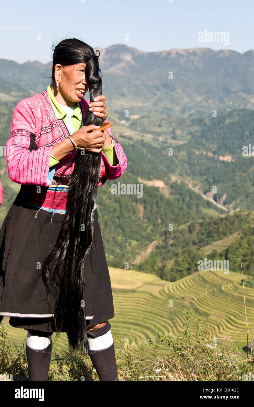 'Long-hair' Yao woman - Longji near Guilin, Guangxi province - China Stock Photo