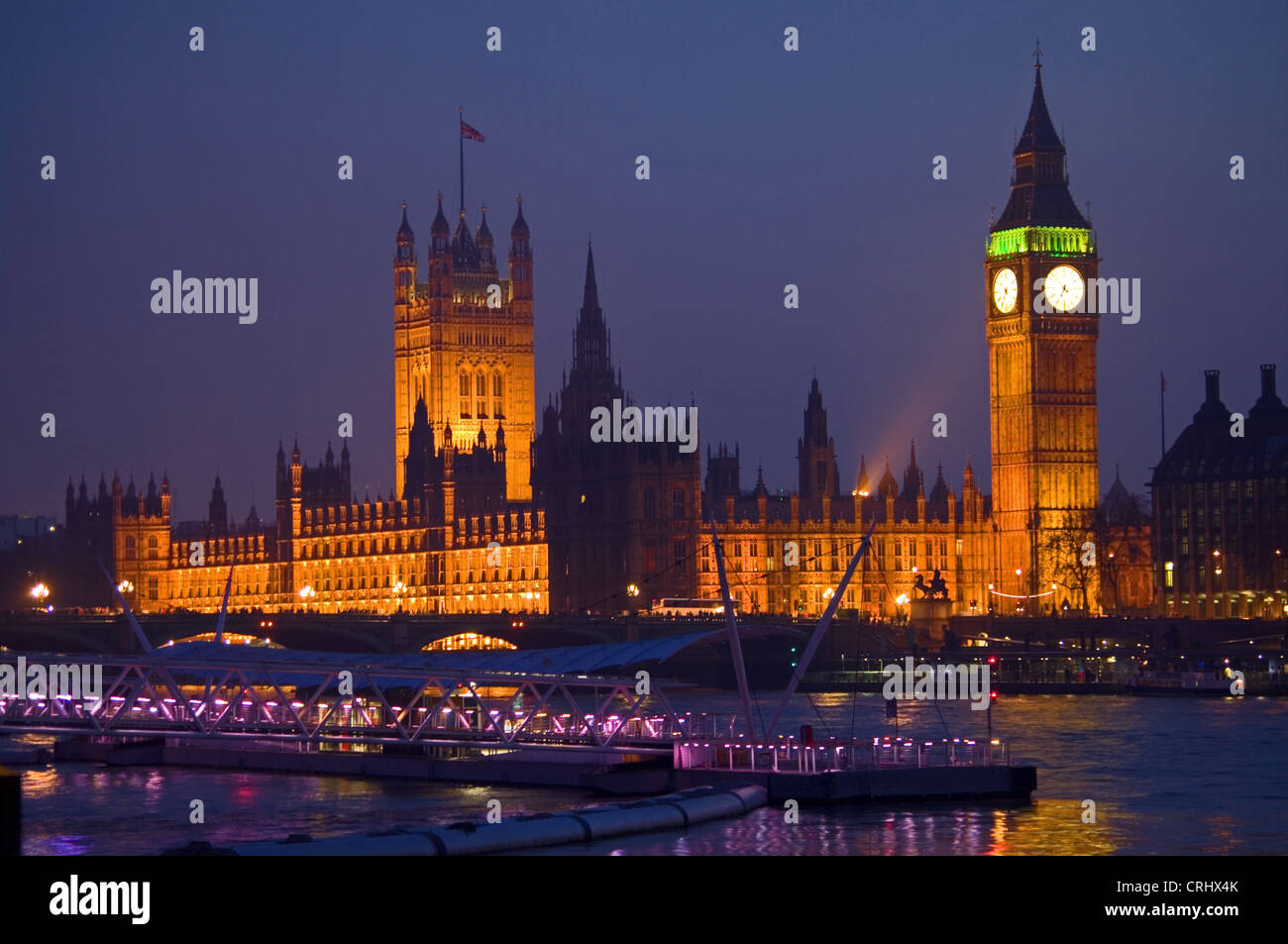 Houses Of Parliament Big Ben London Eye Pier Westminster Bridge Floodlit At Night Seen Over River Thames From South Bank Stock Photo Alamy