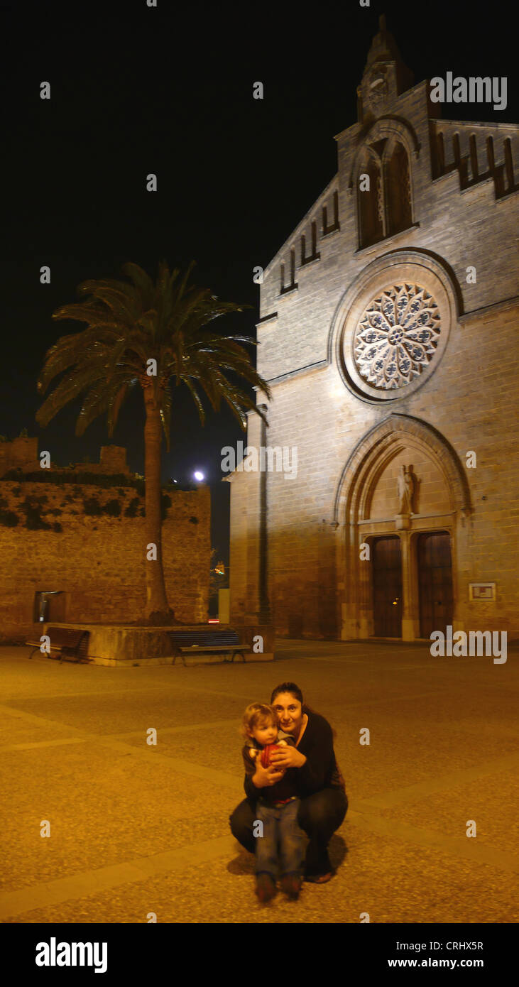 cathedral at night with tourists, Spain, Balearen, Majorca, Alcudia Stock Photo