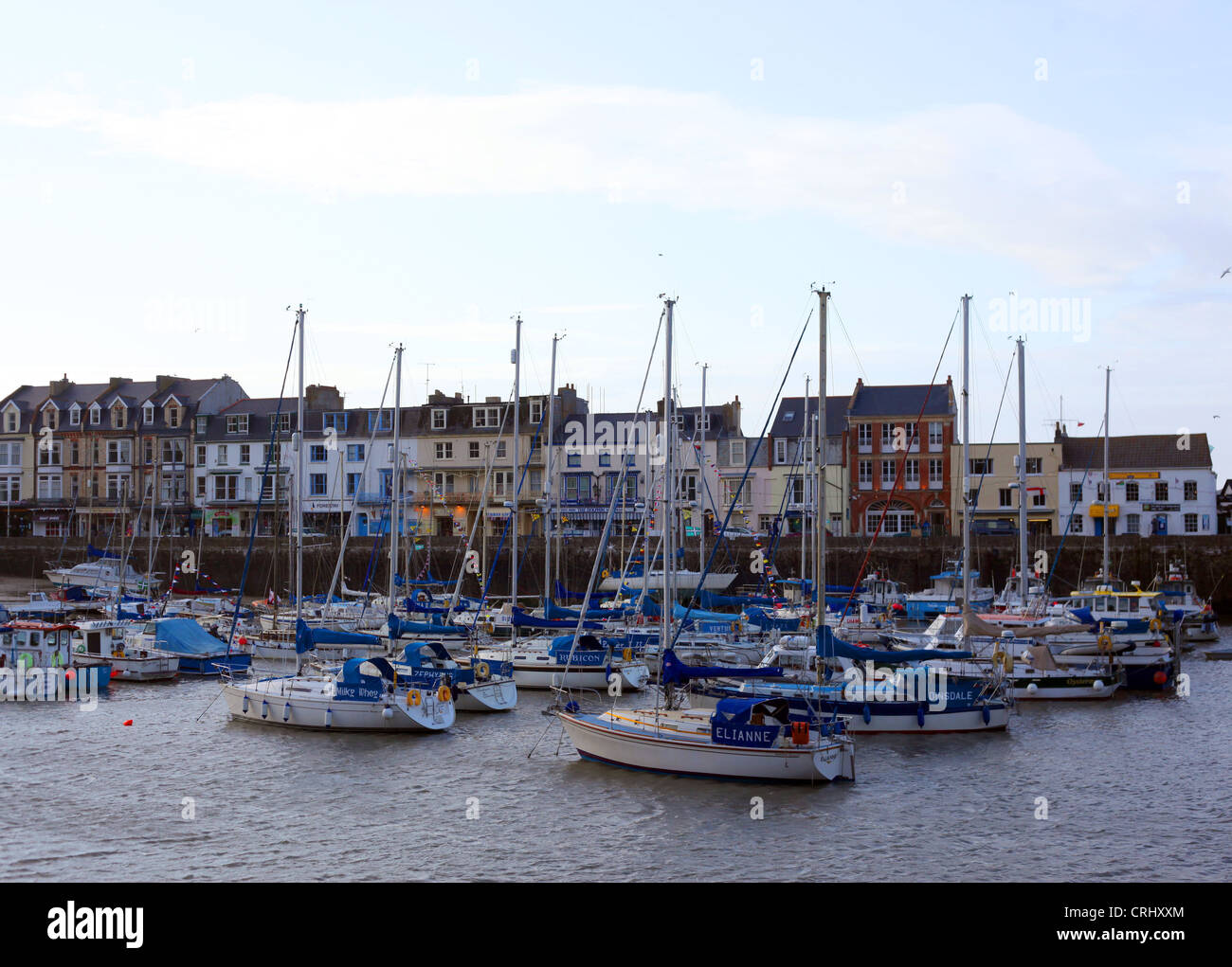 General view of fishing boats pictured in Ilfracombe Harbour in Devon, United Kingdom, June 8th, 2012. Stock Photo