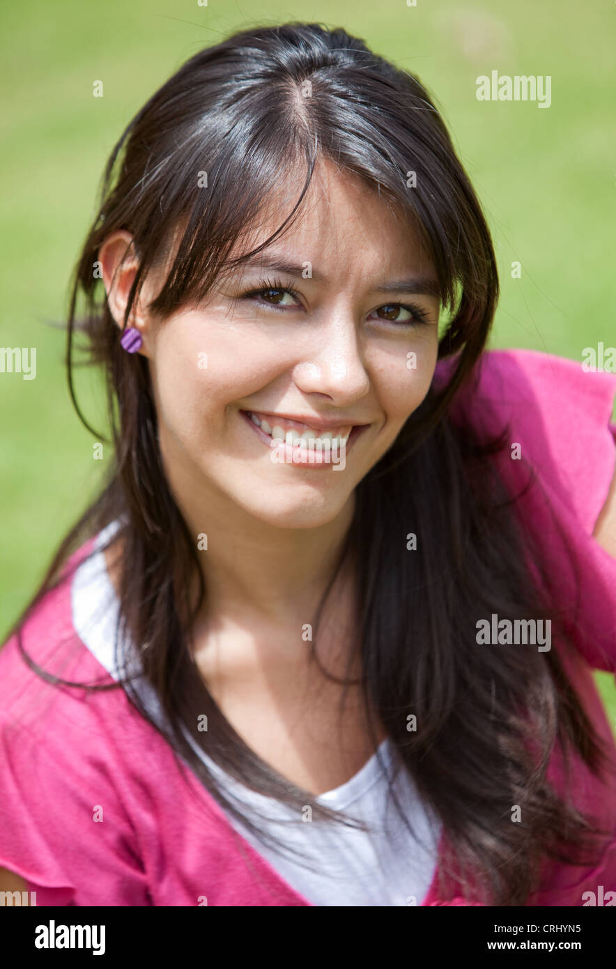 beautiful casual woman portrait smiling outdoors Stock Photo