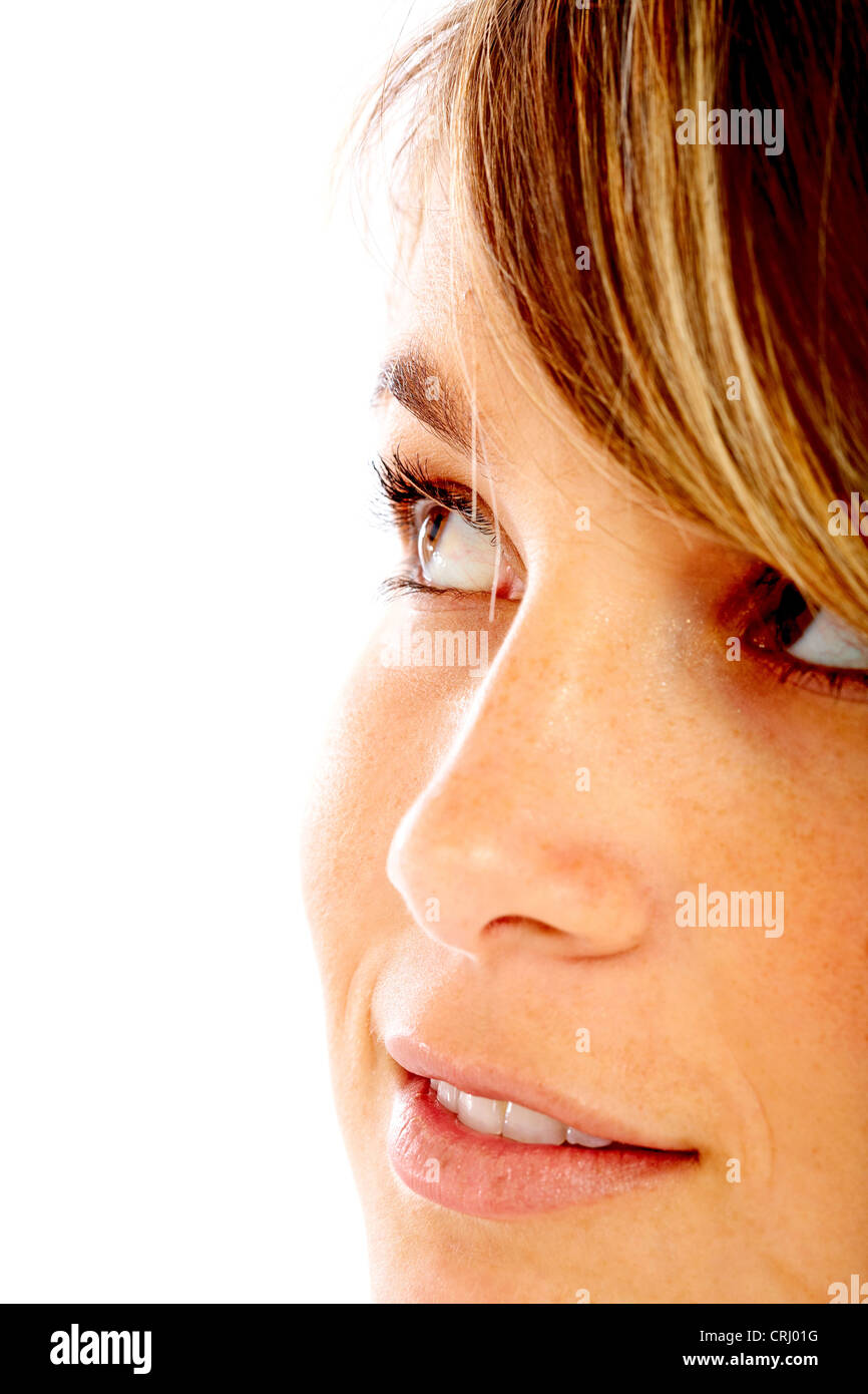 light brown young woman looking up Stock Photo