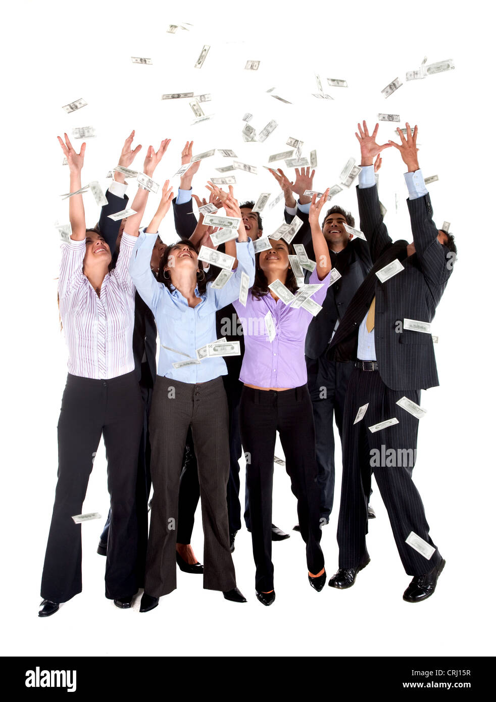 group of young business people standing in a money shower trying to catch some banknotes Stock Photo