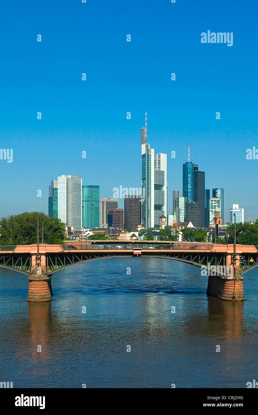 skyline of Frankfurt/Main with bridge in foreground, Germany, Frankfurt am Main Stock Photo