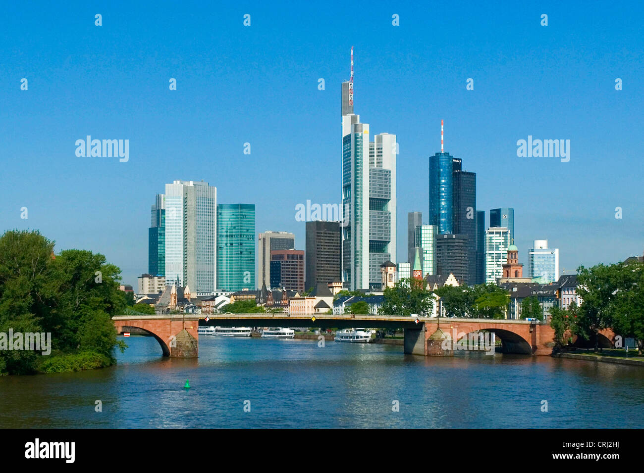skyline of Frankfurt/Main with bridge in foreground, Germany, Frankfurt am Main Stock Photo
