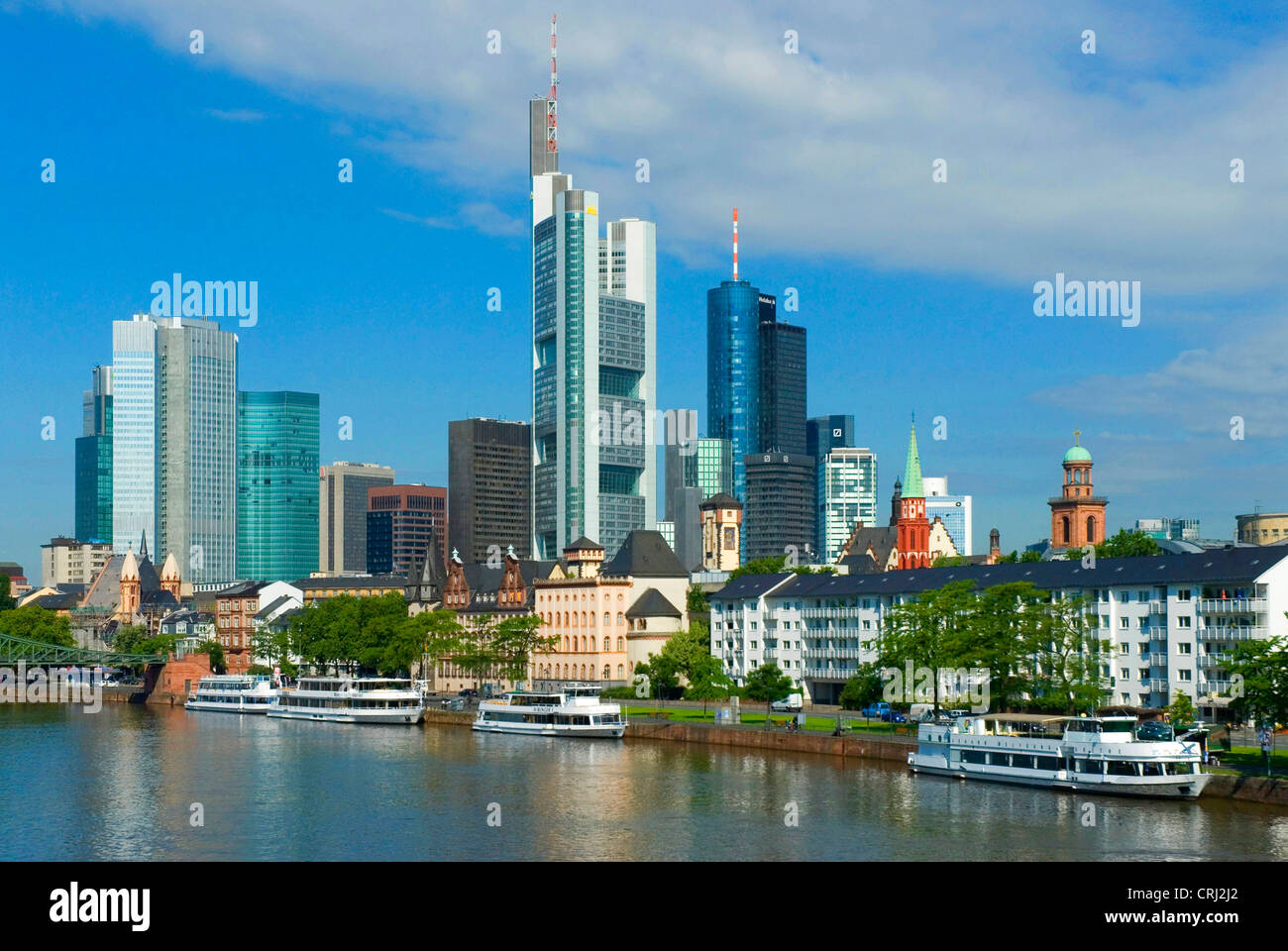 houses at Main shore, financial district in background, Germany, Frankfurt am Main Stock Photo