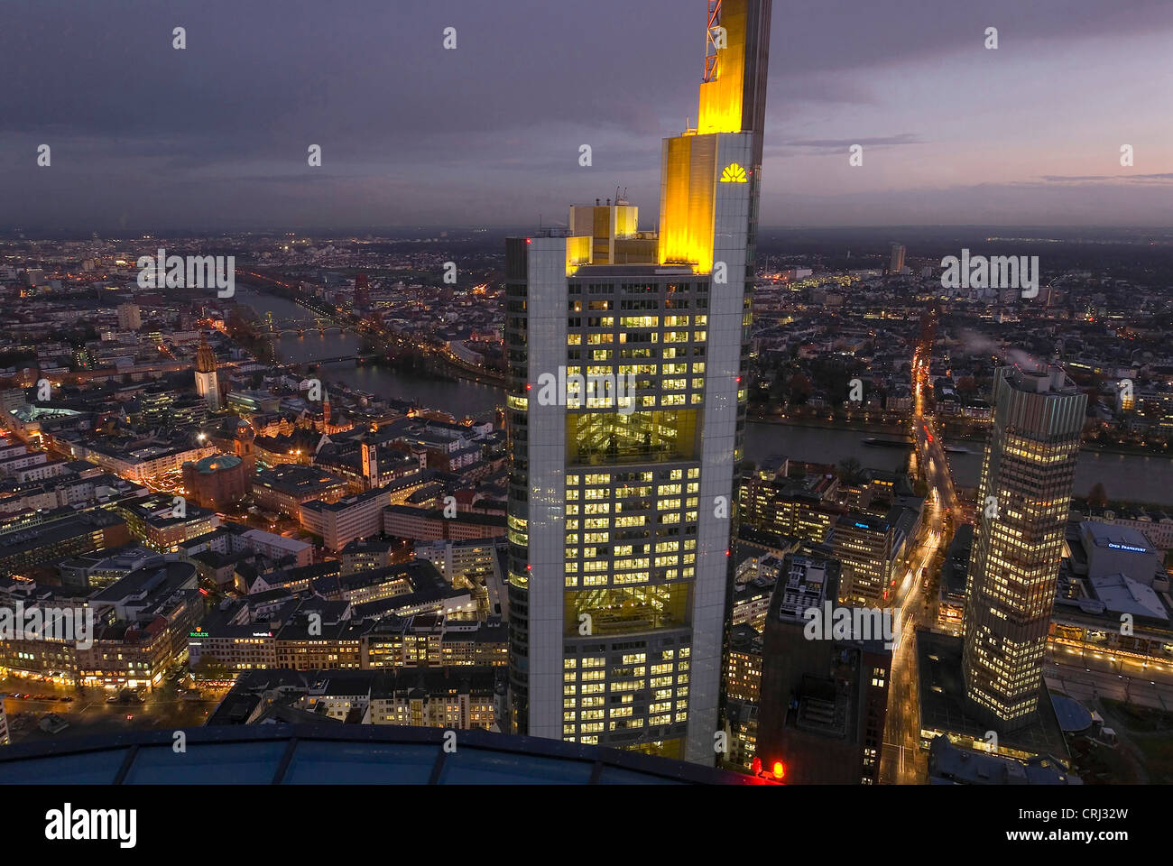 view from above on Frankfurt/Main, Commerzbank, Germany, Hesse, Frankfurt am Main Stock Photo