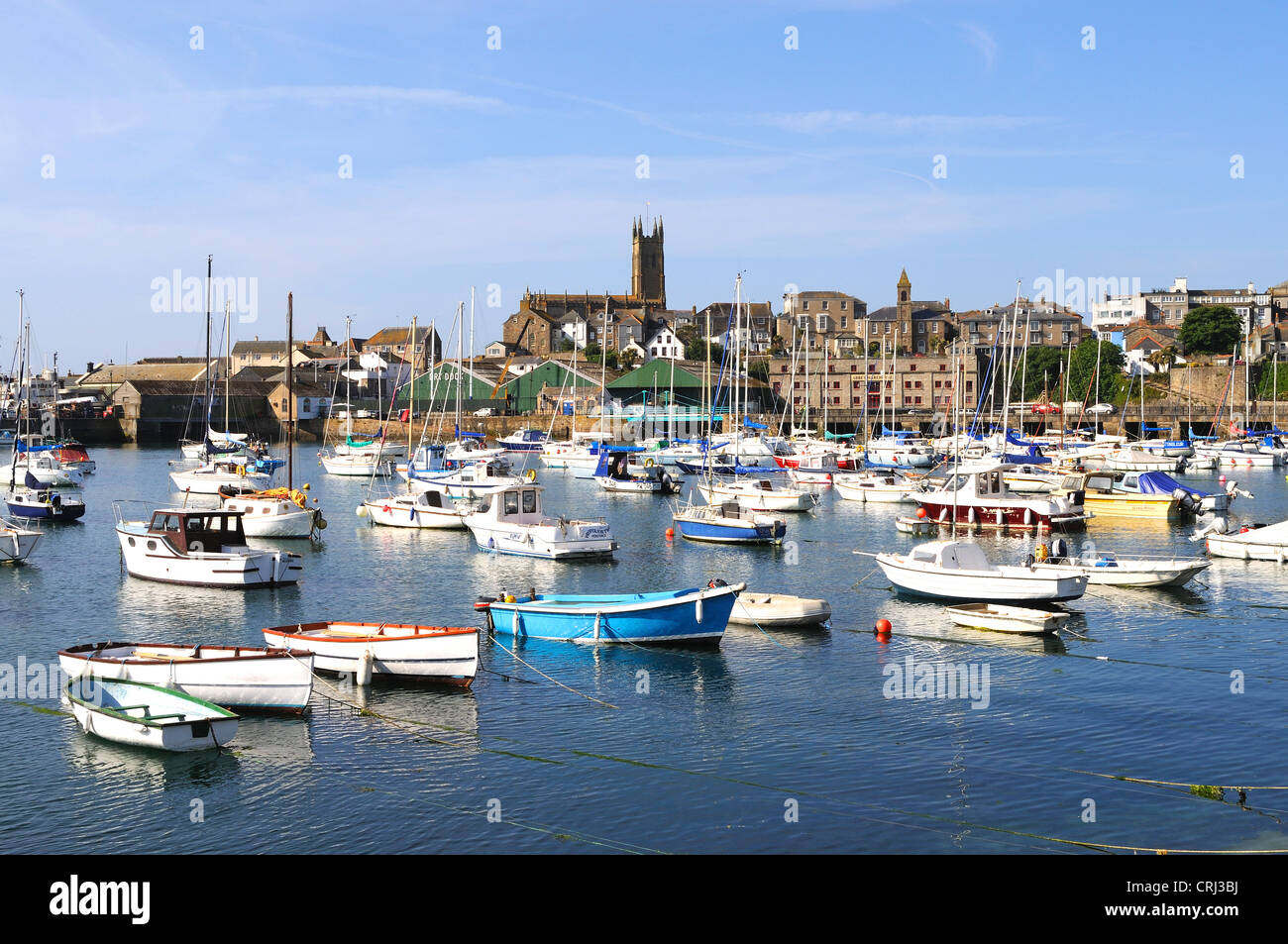 Boats in the harbour at high tide, Penzance, Cornwall, UK Stock Photo