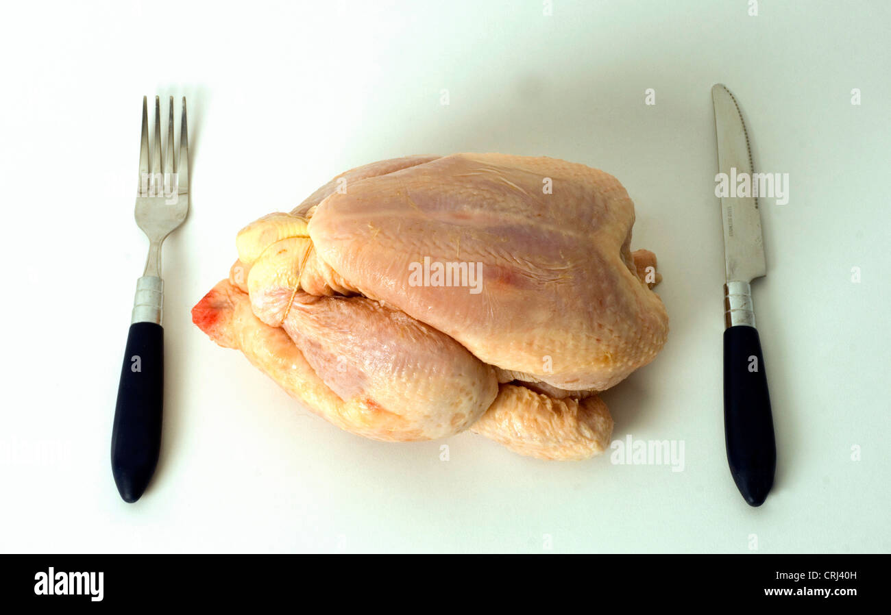 Bird Flu Chicken Food Fork Gallus domesticus Knife Lunch Meal Meat Nutrition Poultry Protein Raw Uncooked White Background Whole Stock Photo