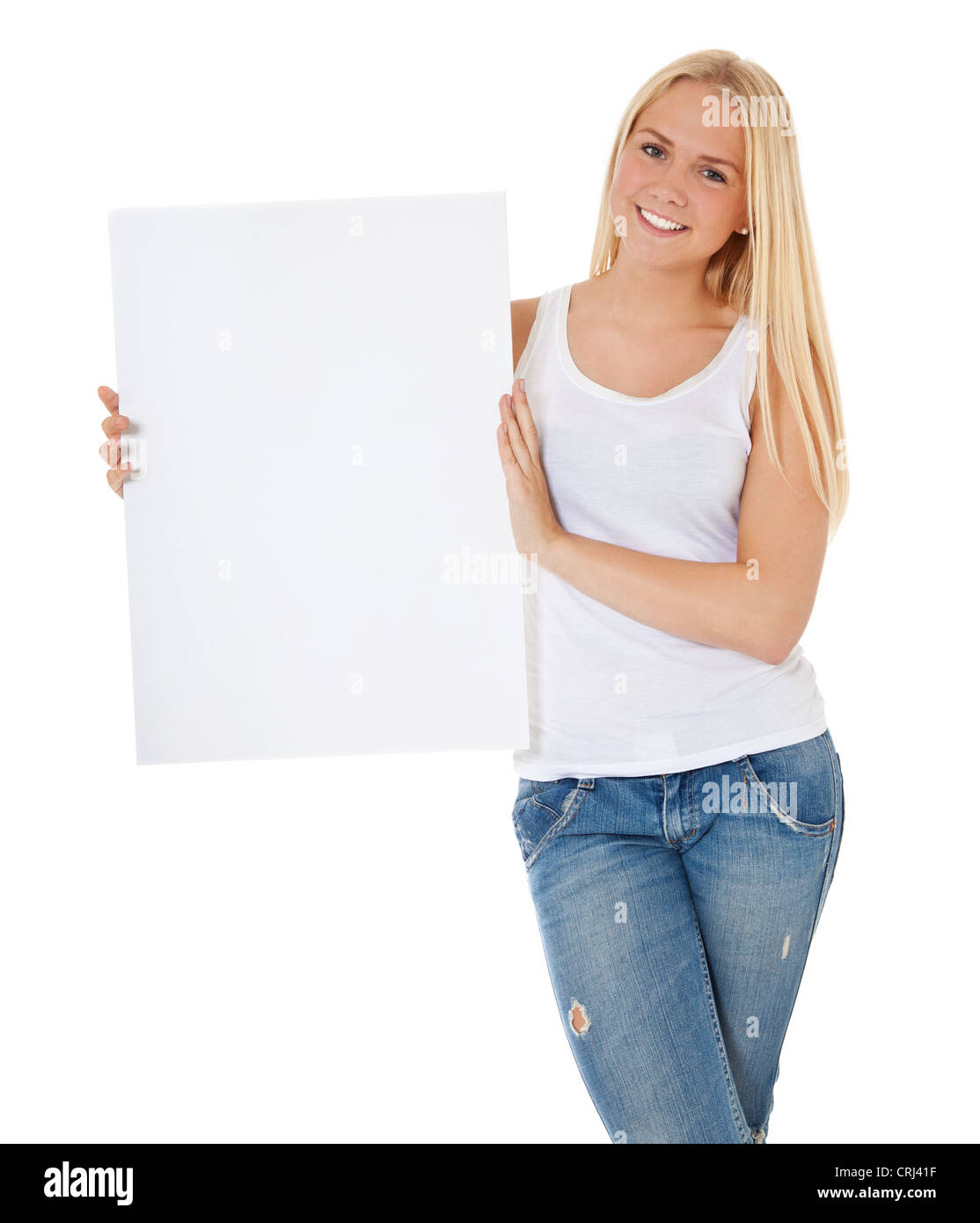 Attractive young woman holding blank white sign. All on white background. Stock Photo