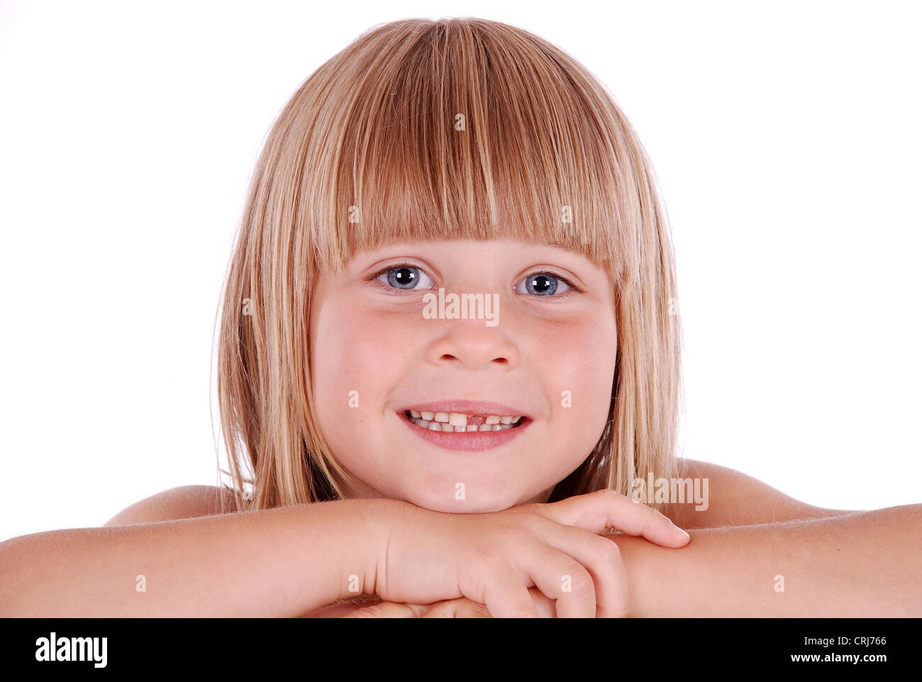 little girl with with straight blond hair in pageboy style Stock Photo
