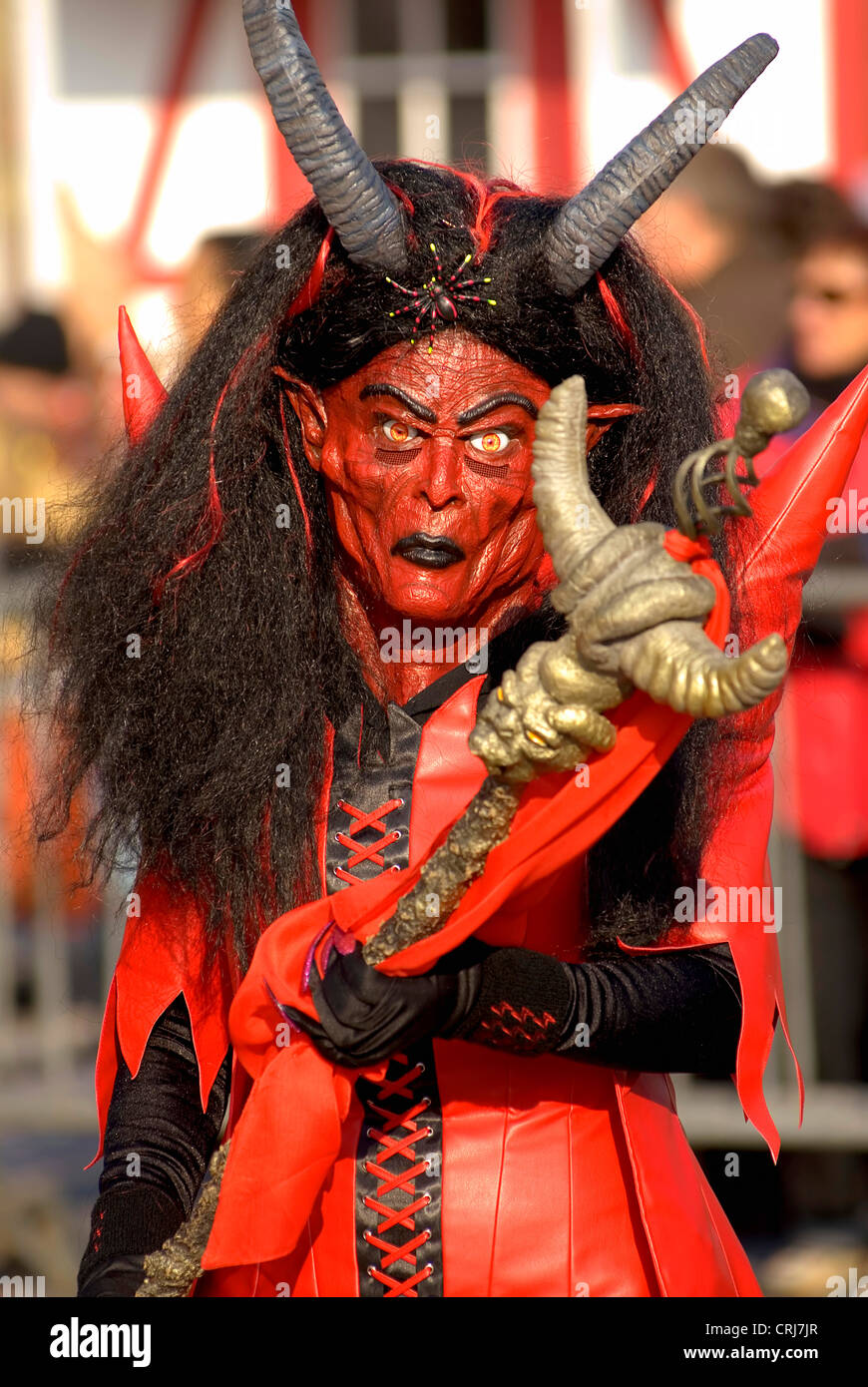 woman dressed up as she-devil at the Fasnacht in Lucerne, Switzerland, Lucerne Stock Photo