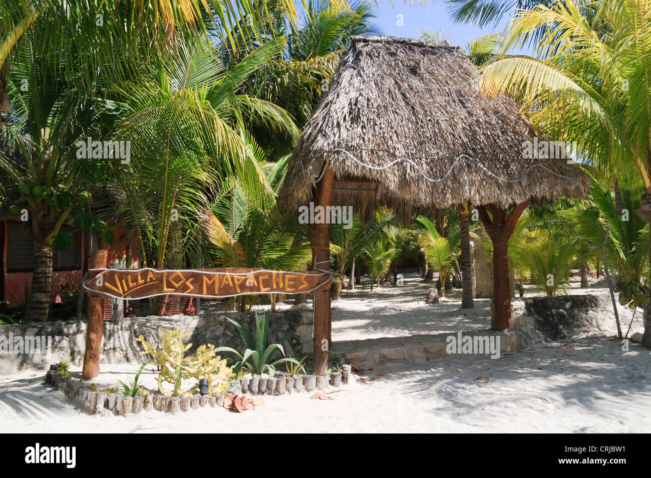 Palapa beach entrance to a small hotel in Isla Holbox, state of Quintana Roo, Mexico Stock Photo