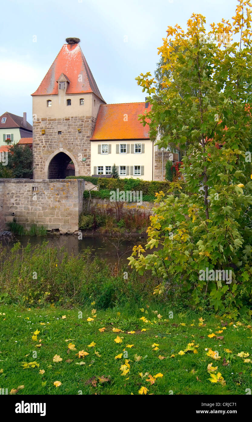traditional bridge at the town entrance of Herrieden, Germany, Bavaria, Middle Franconia, Mittelfranken Stock Photo