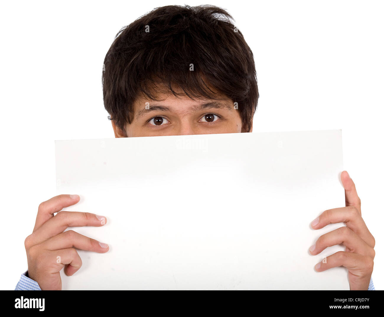 man holding an add with a slightly worried look on his face Stock Photo ...