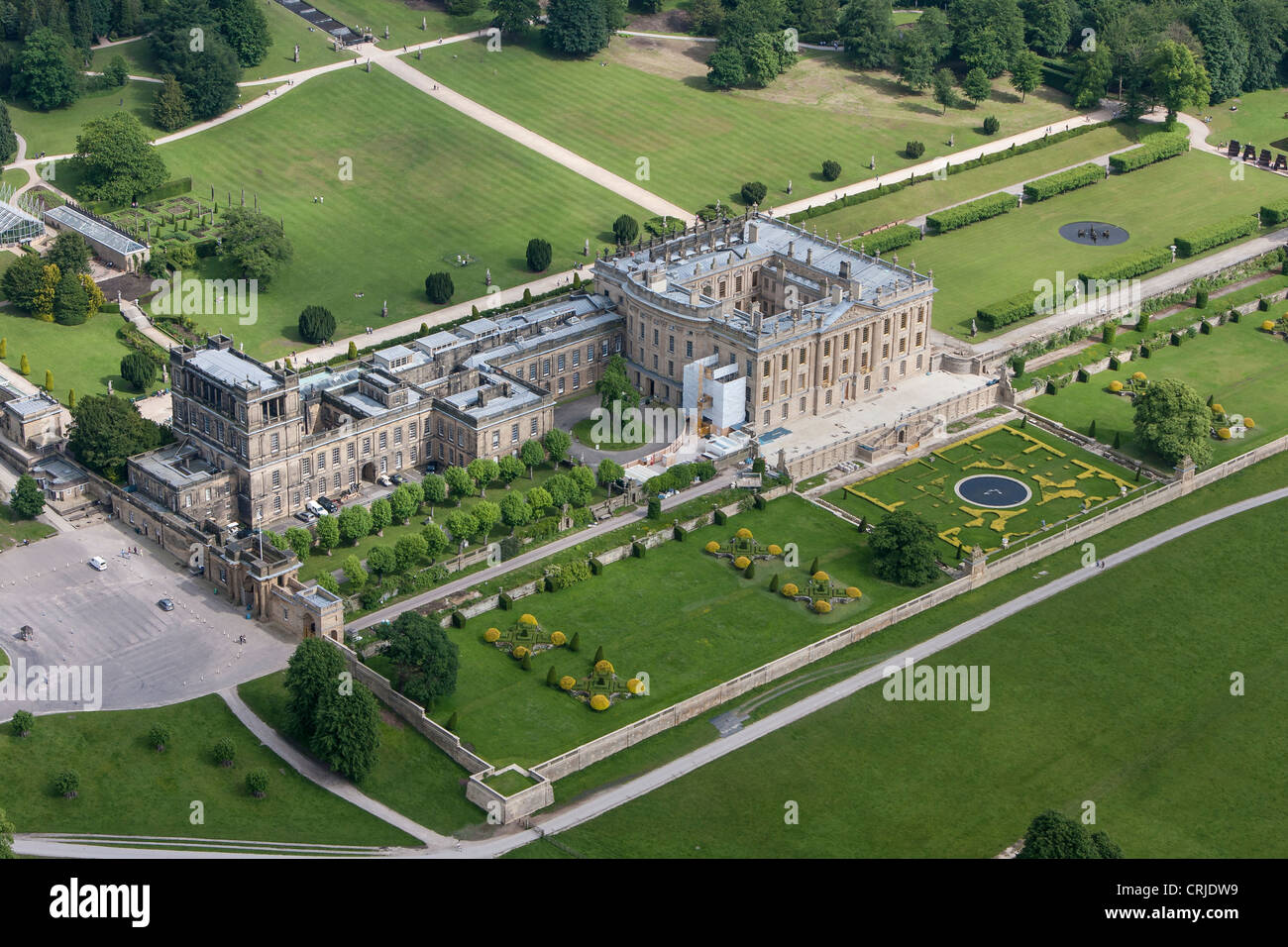 Chatsworth House, Derbyshire, home of the Devonshire family. Aerial