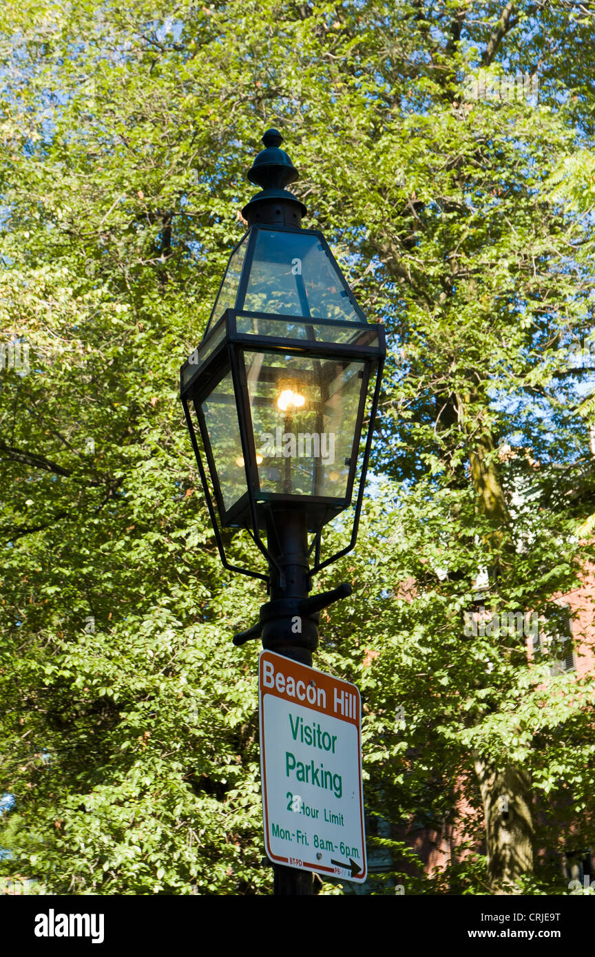 gas lit Lamppost and sign on Beacon Hill, Boston, Massachusetts Stock