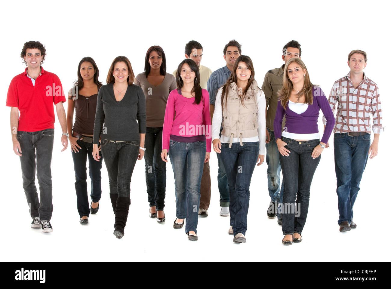 group of young people walking and smiling Stock Photo
