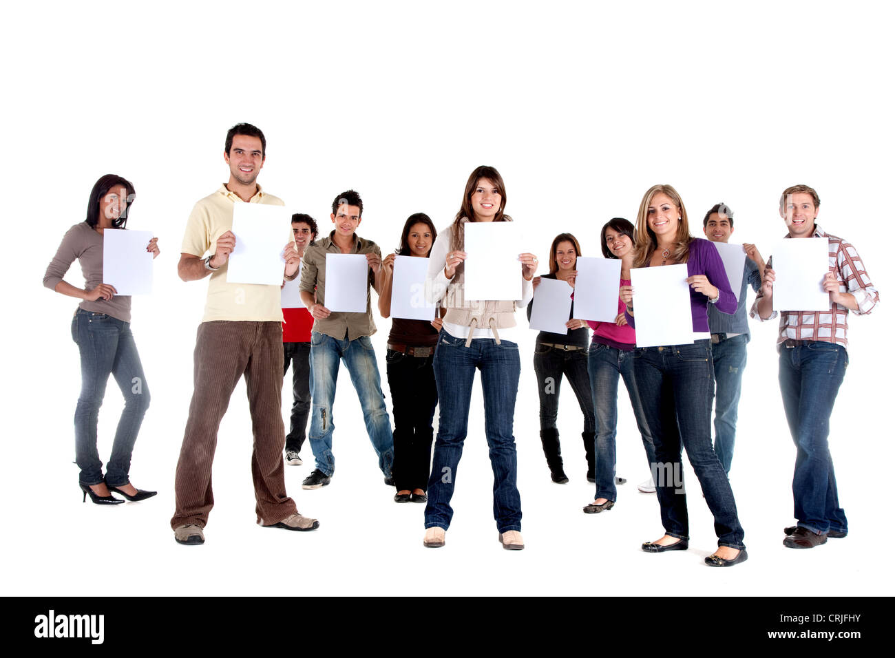 Group of  casual people isolated holding white cardboards to fill in Stock Photo